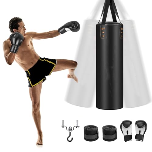 GYMAX 4-teiliges Set hängender Boxsack, Boxsack-Set inkl. Boxhandschuhen, Kette, Wraps & Deckenhaken, Punchingsack für Kickboxen, Muay Thai & Taekwondo, schwarz von GYMAX