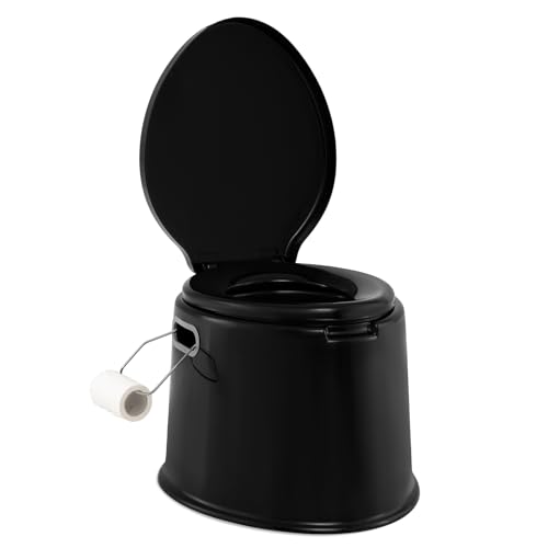 GYMAX 5L tragbare Toilette, Campingtoilette mit abnehmbarem Inneneimer & Papierhalter, Toilettenstuhl mit Deckel, bis 200 kg belastbar, Ideal für Camping, Wandern & Wohnmobil (Schwarz) von GYMAX
