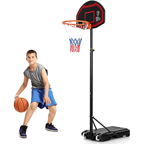 GYMAX Basketballkorb 155-210 cm, Höhenverstellbarer Basketballständer mit Netz & bruchfester Rückwand, Kinderbasketballkorb mit Befüllbarer Basis & 2 Rädern für Innen- & Außenbereich von GYMAX