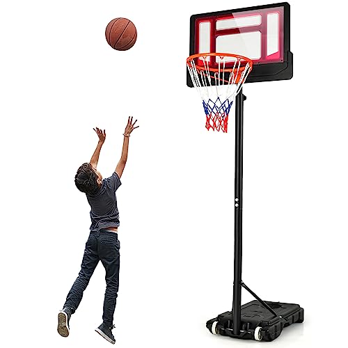 GYMAX Basketballkorb mit Ständer, Basketballständer mit Rollen & Verstellbarer Korbhöhe von 90-210 cm, Mobile Basketballanlage mit befüllbarer Basis für Fitnessstudio & Spielplatz von GYMAX
