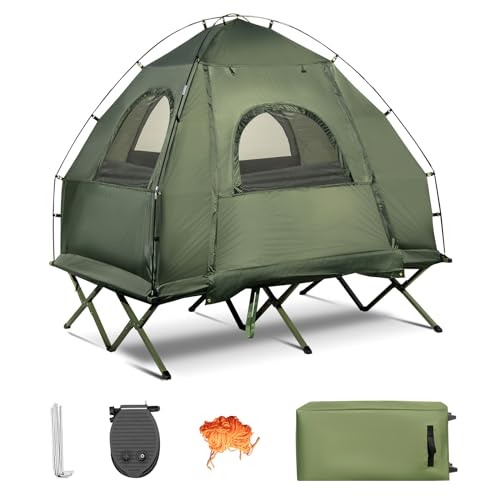 GYMAX Feldbett mit Zelt, Campingzeltbett für 2 Personen, 5-in-1 Campingzelt mit Luftmatratze, Kissen, Schlafsäcken & Sonnenschutz, Campingliege mit Tragetasche, für Wandern, Angeln & Picknick von GYMAX