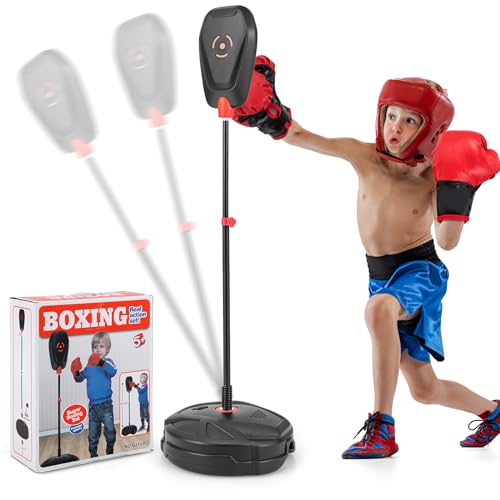 GYMAX Freistehender Boxsack mit Ständer, Punchingball stehend höheverstellbar 85-130cm mit befüllbarer Basis, Standboxsack inkl. Boxhandschuhen, Boxtraining für Kinder ab 5 Jahren von GYMAX