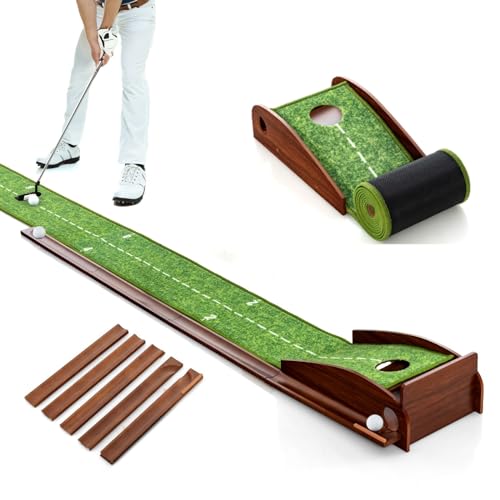 GYMAX Golf Puttingmatte mit automatischem Ballrücklaufsystem, Golf Übungsmatte mit Zielbezugslinie & Entfernungsskala, Golf Trainingsmatte für Anfänger & Profis, grün(1 Loch) von GYMAX