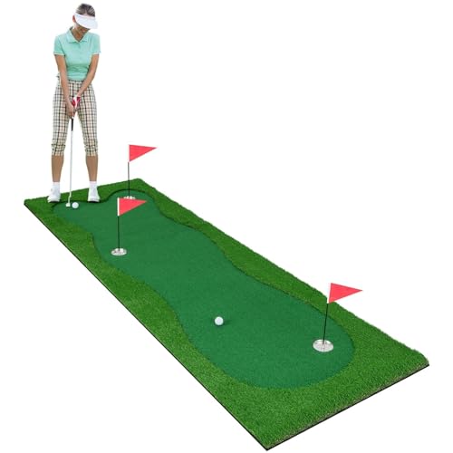 GYMAX Golf Übungsmatte 3 x 1 m, professionelle Golf Trainingsmatte mit 2 Golfbällen, 3 Golfbechern & 3 Löchern, Golfmatte mit 3 Flaggen, Puttingmatte für den Innen- & Außenbereich von GYMAX