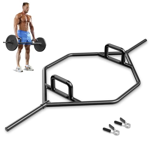 GYMAX Hex Hantelstange, Kreuzhebenstange mit Federverschluss & erhöhten gerändelten Griffen, für Kniebeugen, Shrugs & Ausfallschritte, Hexagon Stange bis 226 kg belastbar (Schwarz) von GYMAX