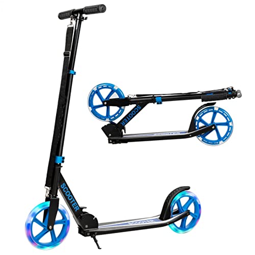 GYMAX Klappbarer Kinderroller mit Bremse, Scooter mit 2 LED-Räder & 3 einstellbaren Höhenpositionen, Tretroller bis zu 100 kg belastbar, Kickscooter für Kinder ab 10 Jahren (Blau) von GYMAX