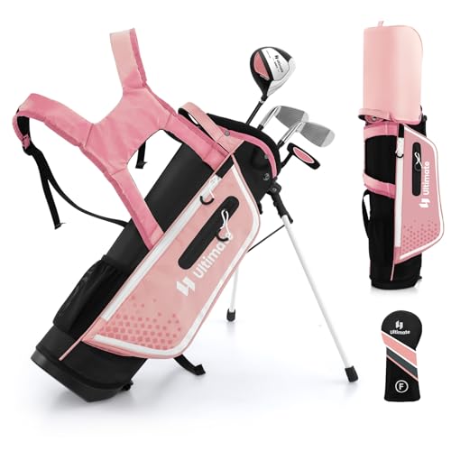 GYMAX Komplettes Golfschläger Set, Komplettsatz mit Golftasche & Regenhaube, inkl. 3er Fairway, 7er-Eisen, S-Eisen & Putter, Golf Set für Kinder 5–7 Jahren(Rosa) von GYMAX