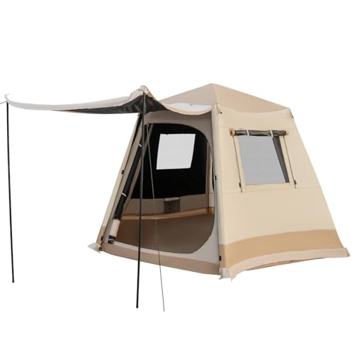 GYMAX Pop up Zelt für 4-6 Personen, großes Campingzelt mit wetterfestem Vordach & 2 Eingängen, Zelt mit Tragtasche, tragbarer Wurfzelt mit 4 Fenstern, Familienzelt für Reise & Camping von GYMAX