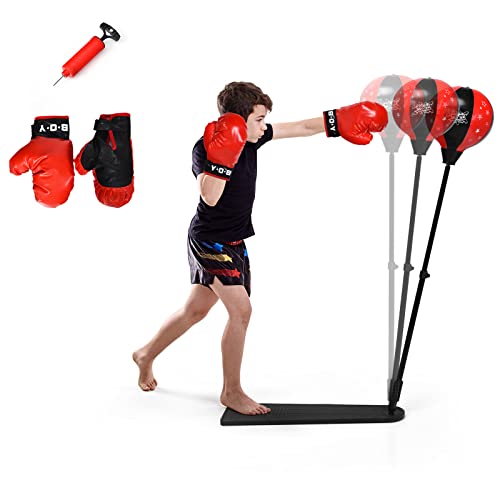 GYMAX Punchingball 85-130 cm höhenverstellbar, Box Set mit Boxhandschuhen & Handpumpe, Boxstand mit rutschfestem Pedal, Standboxball für Kinder & Jugendliche ab 8 Jahre von GYMAX