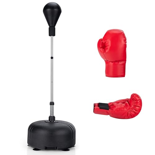 GYMAX Punchingball Boxen Set höhenverstellbar, Standboxball mit Befüllbarer Basis, Freistehender Boxstand mit Boxhandschuhen, für Erwachsene & Kinder, für Boxing, Kickboxing & Stressabbau (Schwarz) von GYMAX