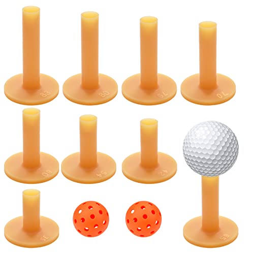 GZhaizhuan 9 STK Golf Tee Gummi Golf Tees 9 Verschiedene Größen 35mm/42mm/54mm/60mm/65mm/70mm/75mm/80mm/83mm, mit 2 Zufallsfarbe Lochbälle (Gelb Tee) von GZhaizhuan