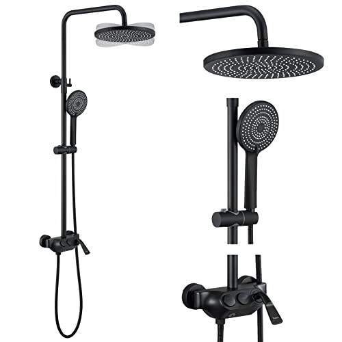 GaZjU Matte Black Exposed Shower System with Tub Spout, 3-Function Shower Fixtures with 3-in-1 Handheld Spray, Bathroom Outdoor Shower Faucet Set with Valve and Adjustable Slide Bar, Wall Mounted von GaZjU