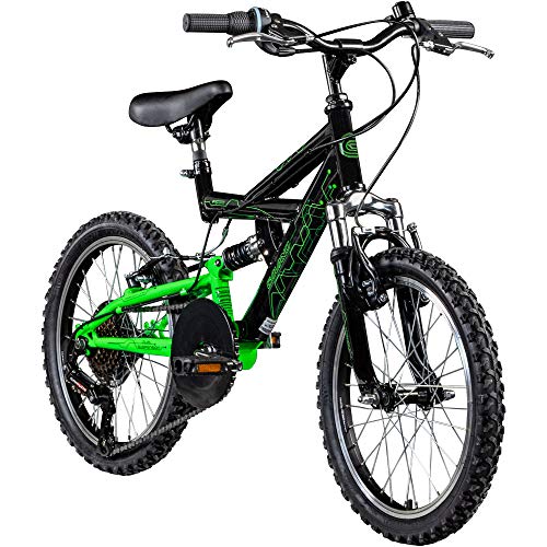 Galano Kinderfahrrad MTB 18 Zoll Fully FS180 Fahrrad Full Suspension ab 5 Jahre (schwarz/grün, 28 cm) von Galano
