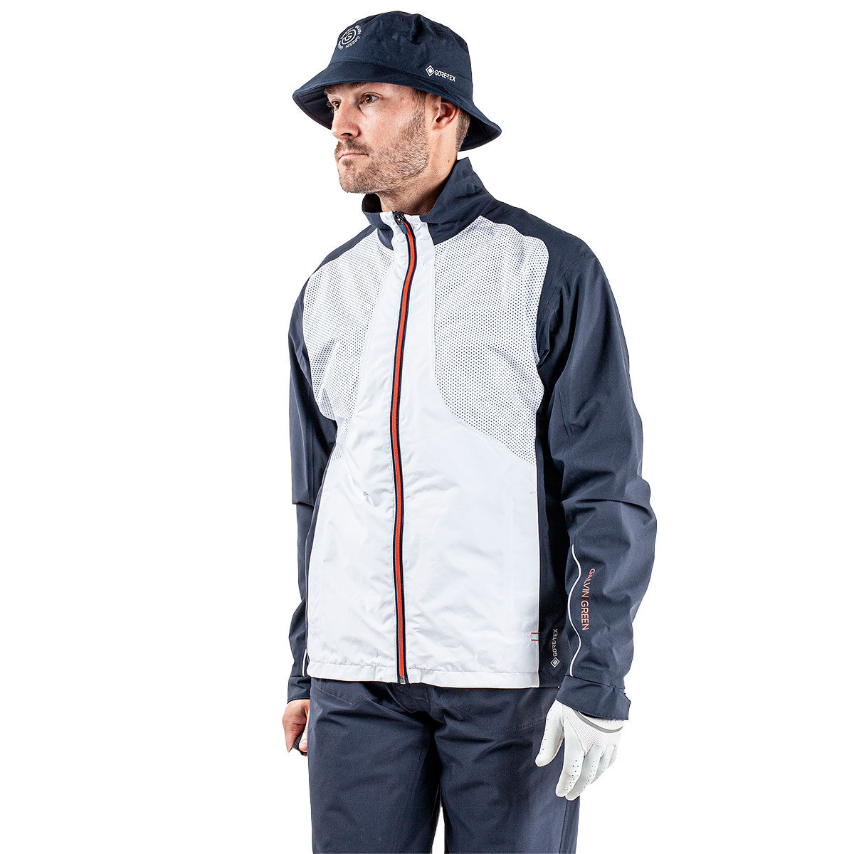 Galvin Green Men's White, Navy Blue and Orange Albert Waterproof Golf Jacket, Size: Small | American Golf von Galvin Green