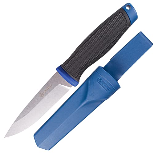 Ganzo G806-BL Feststehendes Messer, 8CR14 Edelstahlklinge, ergonomischer Anti-Rutsch-Griff, Camping, Jagd, Angeln, Outdoor, EDC-Messer mit Scheide (blau) von Ganzo
