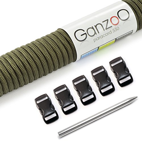 Ganzoo Paracord 550 Seil + 5X Klickverschluss + Nadel für Armband, Leine, Halsband, grün von Ganzoo