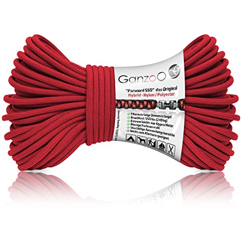 Ganzoo Paracord 550 Seil Rot/Typ Hybrid für Armband, Leine, Halsband, Nylon/Polyester Hybrid-Seil, Neue Ausführung, 30 Meter (Ruby) von Ganzoo