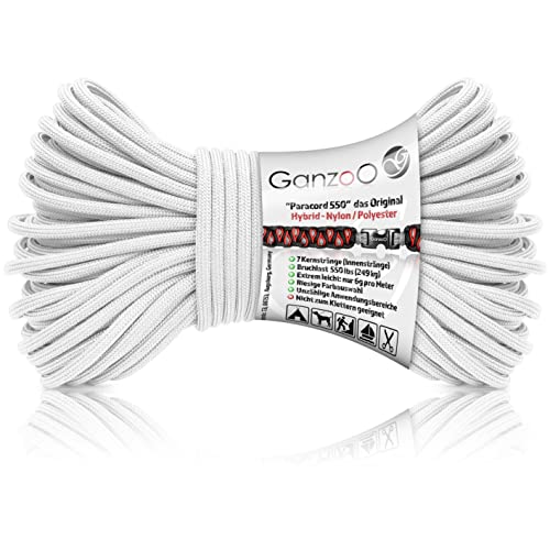 Ganzoo Paracord 550 Seil Weiß/Typ Hybrid für Armband, Leine, Halsband, Nylon/Polyester Hybrid-Seil, Neue Ausführung, 30 Meter von Ganzoo