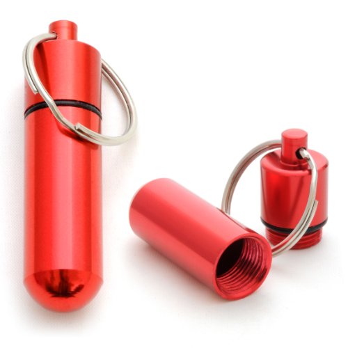 Ganzoo Pillen-Dose im 2er Set, Pillen-Box, Aluminium-Kapsel, Schlüssel-Anhänger Mini, wasserdicht, Farbe: rot, Höhe: 48 mm von Ganzoo