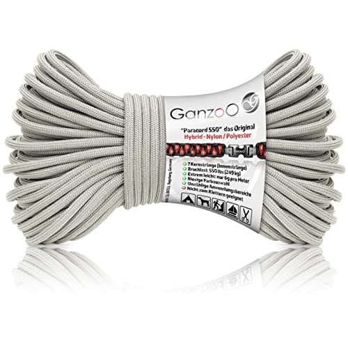 Paracord 550 Seil Grau/Typ Hybrid für Armband, Leine, Halsband, Nylon/Polyester Hybrid-Seil, Neue Ausführung, 30 Meter von Ganzoo