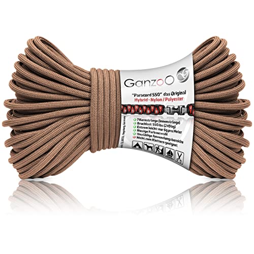 Ganzoo Paracord 550 Seil Hell-Braun/Typ Hybrid für Armband, Leine, Halsband, Nylon/Polyester Hybrid-Seil, Neue Ausführung, 30 Meter von Ganzoo