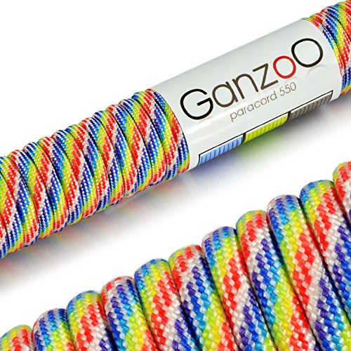 Ganzoo © Paracord 550 Seil Rainbow 4mm Schnur Typ 3, Nylon & Polyester, ideal für Basteln von Hundeleine Halsband Armband/Camping Survival und Outdoor 30 Meter Allzweckseil 7 Innenstränge von Ganzoo
