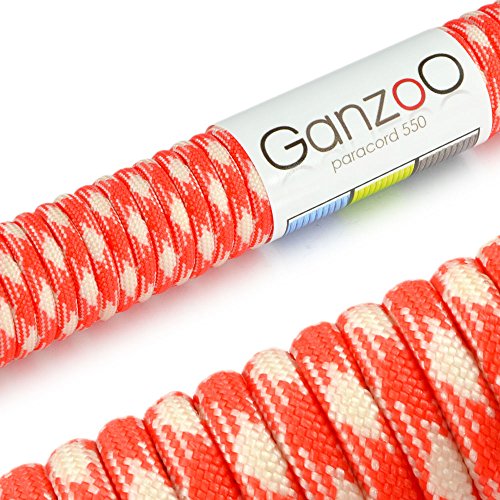 Universell einsetzbares Survival-Seil aus reißfestem Parachute Cord/Paracord (Kernmantel-Seil aus Nylon), 550lbs, Gesamtlänge 15 Meter (50 ft) Farbe: Rot (Signalorange) / Weiß - Marke Ganzoo von Ganzoo