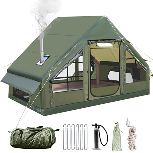 Aufblasbares Campingzelt mit Pumpe, Glamping Aufblasbares Zelt für Camping, 4 Saison Wasser&Winddicht Oxford Kabinenzelt mit Mesh Fenster & Türen für 2-4 Personen (3-4 Person Mit Kaminhaube) von Gaonala