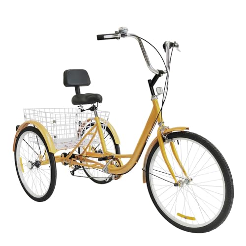 Garbenat 24 Zoll Dreirad Fahrrad Dreirad für Erwachsene 6-Gang Dreiräder Lastendreirad mit Gemüsekorb Upgraded Hochkohlenstoffhaltiger Dreirad für Männer, Frauen ältere Menschen-Gelb von Garbenat