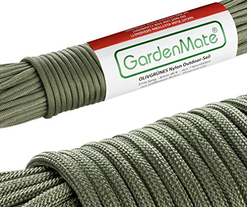 GardenMate Paracord 550 Professionelles Nylon Outdoor-Seil Oliv-Grün 31m lang 4mm dick - Kernmantel-Seil aus 7 Kernfäden aus reißfestem Nylon von GardenMate