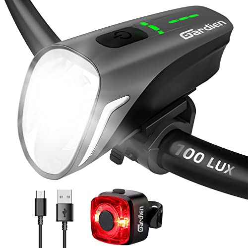 Gardien LED Fahrradlicht Set, 100 LUX USB Fahrradbeleuchtung Set mit 4 Licht-Modi Aufladbar Fahrradlampe, Fahrradlicht Set Fahrradlampe vorne Rücklicht Set Fahrrad Licht IPX5 Wasserdicht von Gardien