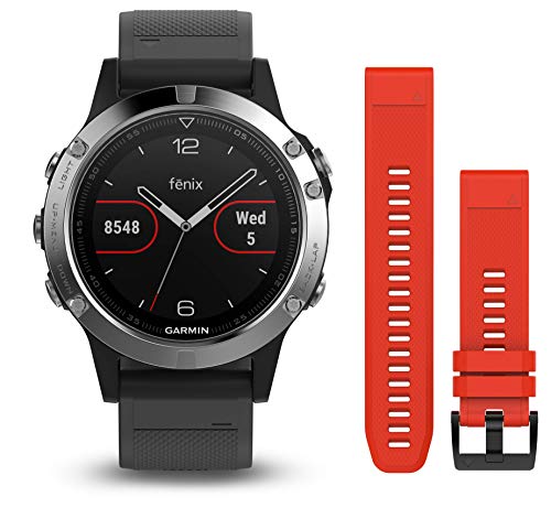 Garmin Fenix 5 - Multisport watch with HR and GPS, 47 mm, Silver pack 2 straps (Black and red) von Garmin