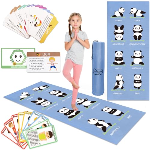 Garybank Kinder-Yogamatten-Set, 20 Atemübungskarten, 12 Yoga-Karten für Kinder, beruhigende Ecken, rutschfeste Trainingsmatten mit lustigen Aufdrucken, Tragetasche, Panda-Yogamatte für Kinder, von Garybank
