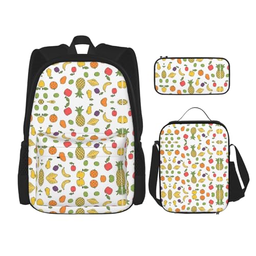 GaxfjRu 3-teiliges Rucksack-Set mit Bananen-Erdbeer-Ananas-Druck, stilvolle Schultasche mit Lunchbox, Rucksäcke für Schule und Federmäppchen, perfekt für die Schule von GaxfjRu
