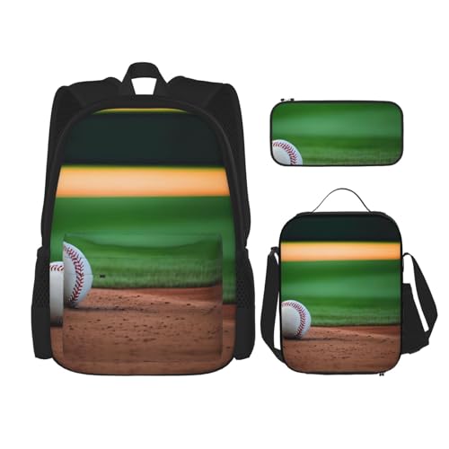 GaxfjRu Bedrucktes 3-teiliges Rucksack-Set, große Schultasche mit Lunchbox und Federmäppchen, praktisch, Rucksack-Lunchbox, Baseball, One Size, Rucksack, Rucksäcke von GaxfjRu