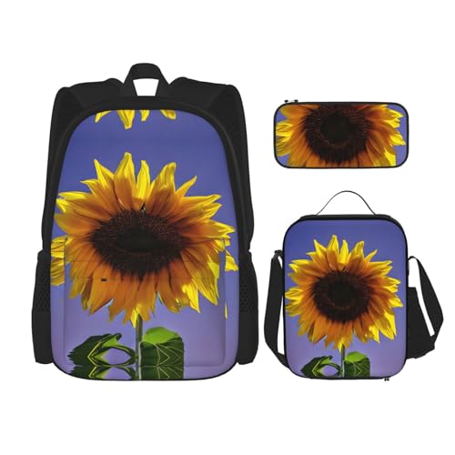 GaxfjRu Bedrucktes 3-teiliges Rucksack-Set, große Schultasche mit Lunchbox und Federmäppchen, praktisch, Rucksack-Lunchbox, Blühende Sonnenblume, One Size, Rucksack, Rucksäcke von GaxfjRu