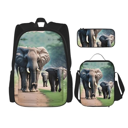 GaxfjRu Bedrucktes 3-teiliges Rucksack-Set, große Schultasche mit Lunchbox und Federmäppchen, praktisch, Rucksack-Lunchbox, Elefantenfamilie, One Size, Rucksack, Rucksäcke von GaxfjRu