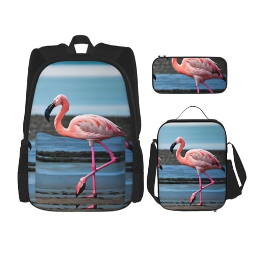 GaxfjRu Bedrucktes 3-teiliges Rucksack-Set, große Schultasche mit Lunchbox und Federmäppchen, praktisch, Rucksack-Lunchbox, Flamingos am Strand, One Size, Rucksack, Rucksäcke von GaxfjRu
