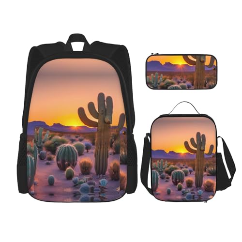 GaxfjRu Bedrucktes 3-teiliges Rucksack-Set, große Schultasche mit Lunchbox und Federmäppchen, praktisch, Rucksack-Lunchbox, Kaktuswüsten-Sonnenuntergänge, One Size, Rucksack, Rucksäcke von GaxfjRu