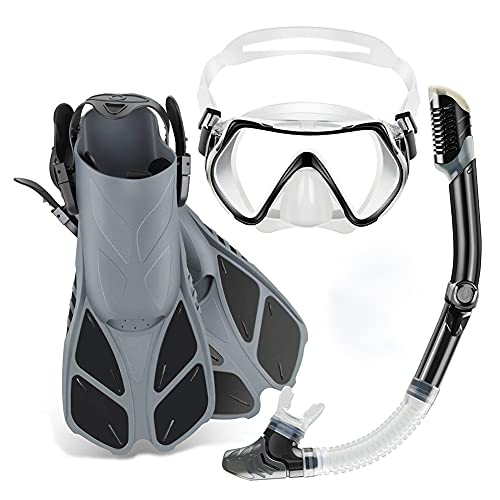 Maskenflossen-Schnorchelset mit Schnorchelausrüstung für Erwachsene, Tauchmaske mit Panoramablick + verstellbaren Schwimmflossen + trockenem Schnorchelrohr zum Schnorcheln, Schwimmen, Tauchen von GeRRiT