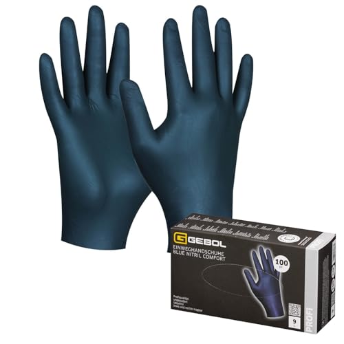 Gebol Blue Nitril Comfort 100 Stück Einweghandschuhe | Größe L (Gr 9) | hochwertige, extra dünne, wasserfeste Chemikalienschutzhandschuhe | hohe Reißfestigkeit | Herren | dunkelblau von Gebol