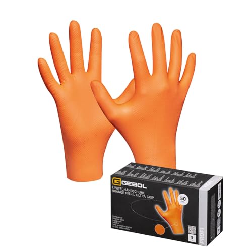 Gebol Orange Nitril Ultra Grip | 50 Stück | Größe L (Gr 9) | Premium Einweghandschuhe mit bester Griffsicherheit | wasserfest, chemikalienbeständig, langlebig | für Damen & Herren | orange von Gebol