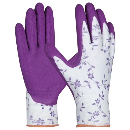 Gebol Flower Lila | Größe XS (Gr 6) |Damen Gartenhandschuh in den Trendfarben violett | Arbeitshandschuh mit Blumenmuster | weiche Latex Beschichtung für guten Grip | für Damen | lila | 1 Paar von Gebol