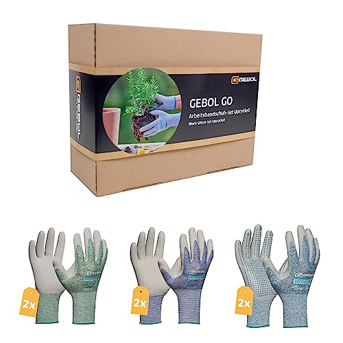 Gebol GO Arbeitshandschuh-Set Upcycled | Größe L (Gr. 9) | nachhaltige rePET Handschuhe aus recycelten Plastikflaschen mit Naturkautschuk Beschichtung | Für Herren | 6 Paar von Gebol