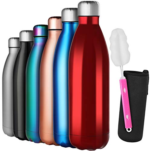 GeeRic Trinkflasche 1L Edelstahl Trinkflasche Doppelwandige Edelstahl Trinkflasche 1000ml Auslaufsicher BPA-frei rostfrei Isolierflasche und Hält kalte Mit Tassenbürste, Tassenschutz helles rot von GeeRic