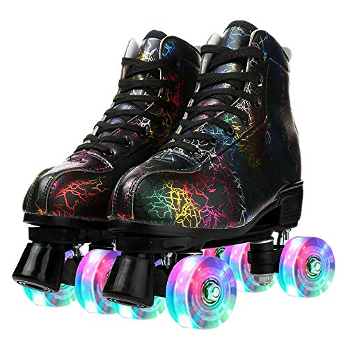 Unisex Roller Skates Double Raw Four Wheels Classic High-top PU Leather Lighting Roller Skates Shoes for Beginner Womens Mens Boys Girls Indoor and Outdoor (Lightning black flash wheel,41) von Gelory
