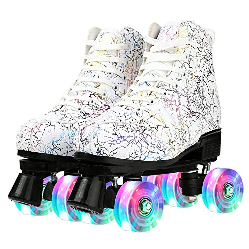 Gelory Unisex Roller Skates Double Raw Four Wheels Classic High-top PU Leather Lighting Roller Skates Shoes for Beginner Womens Mens Boys Girls Indoor and Outdoor (Lightning White Flash Wheel,38) von Gelory