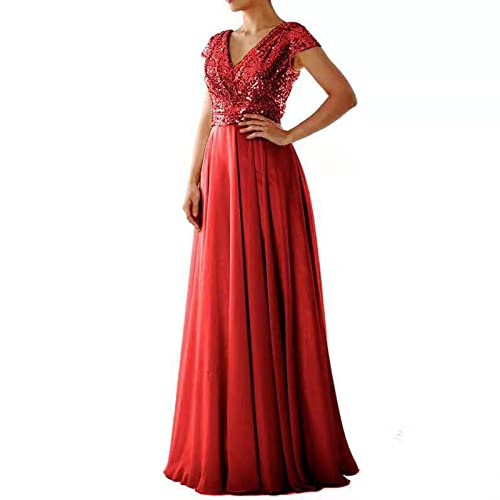 Abendkleider Evening Dresses Frauen Sexy Chiffon Panel Pailletten Kleid Hohe Taille Kurzarm Elegante Abend Brautjungfer,Red,XXL von Generic