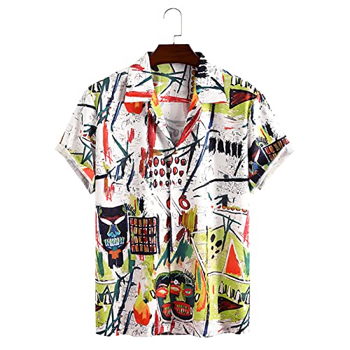Ausgefallenes Hawaii Hemd Herren Kurzarm Button Down Revers Strand Shirt Lässige Streetwear Sommer Graffiti Urlaubs Bluse,White,L(Bust:117cm) von Generic