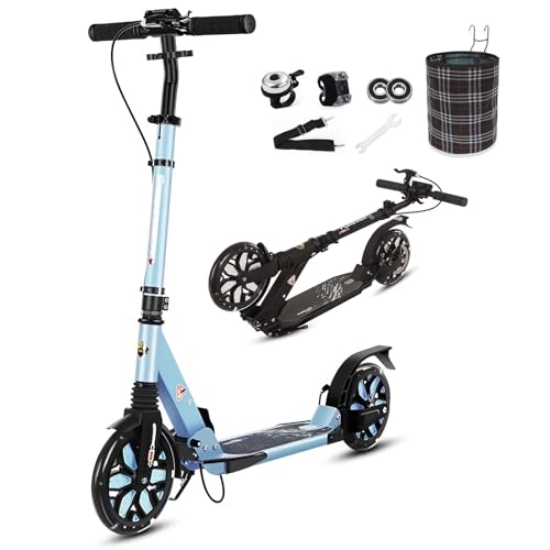 BigWheel Scooter - Tretroller für Kinder und Erwachsene mit LED aufleuchten Räder - Roller ab 8 Jahre - Cityroller bis zu 150 kg - Klappbar & Höhenverstellbar - Mit Tragegurt (Blau) von Generic